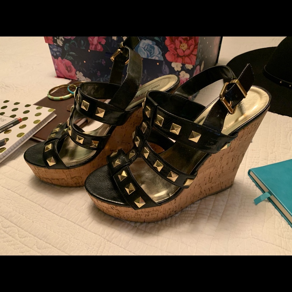 Call It Spring Black/Gold Size 10 Wedge 5” Heels